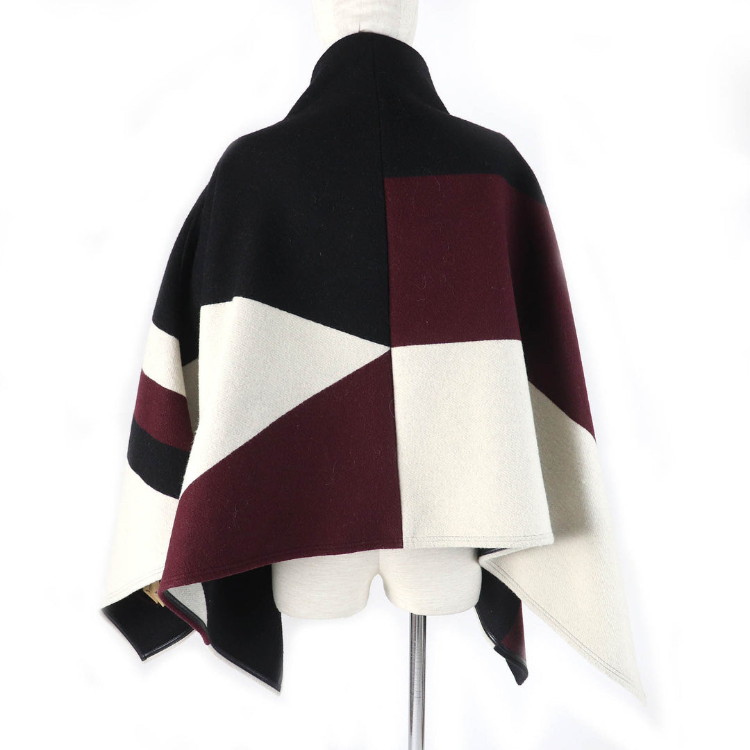 美品△LOUIS VUITTON ルイヴィトン ウール シルク グラフィック LVジャカード パイピングラム ZIP UP ポンチョ 黒 ボルドー 34 正規品
