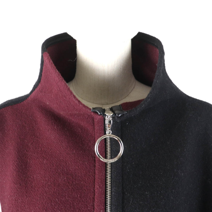 美品△LOUIS VUITTON ルイヴィトン ウール シルク グラフィック LVジャカード パイピングラム ZIP UP ポンチョ 黒 ボルドー 34 正規品