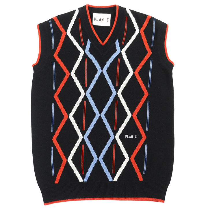 美品△Plan C プランシー GLCME01G00FW009 Rhombus Intarsia ウール カシミヤ ロゴ刺繍 総柄 ニット ベスト 黒 38 伊製 正規品 メンズ