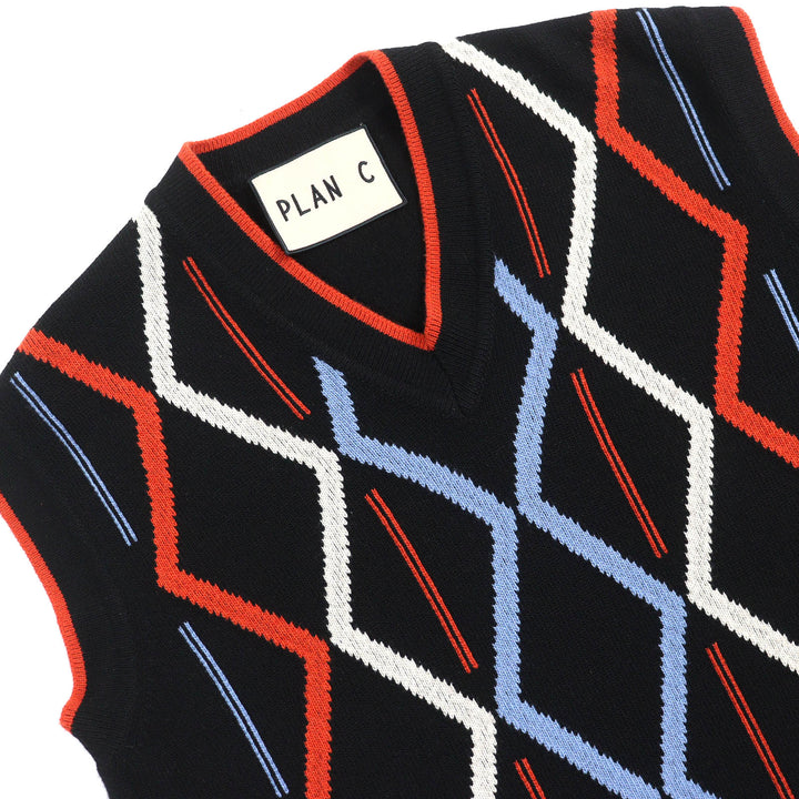 美品△Plan C プランシー GLCME01G00FW009 Rhombus Intarsia ウール カシミヤ ロゴ刺繍 総柄 ニット ベスト 黒 38 伊製 正規品 メンズ