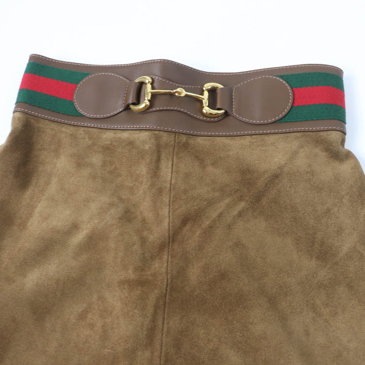極美品☆GUCCI グッチ 626888 カウスウェード ホースビット シェリーライン レザー フレアスカート ブラウン 36 正規品 レディース