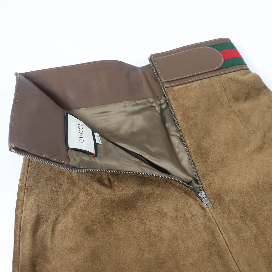 極美品☆GUCCI グッチ 626888 カウスウェード ホースビット シェリーライン レザー フレアスカート ブラウン 36 正規品 レディース