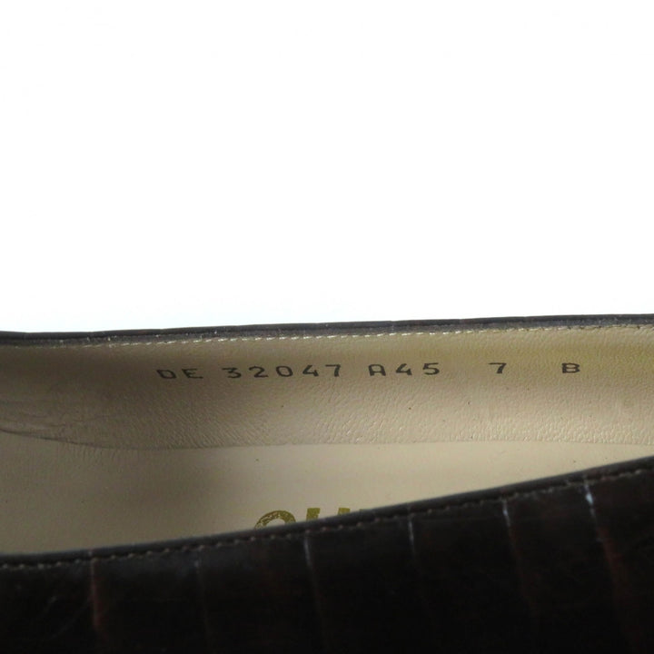 極美品★Salvatore Ferragamo サルヴァトーレフェラガモ ダブルガンチーニ金具付 スクエアトゥ クロコ型押し レザー パンプス ブラウン 7