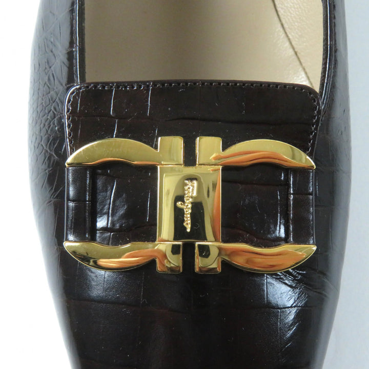 極美品★Salvatore Ferragamo サルヴァトーレフェラガモ ダブルガンチーニ金具付 スクエアトゥ クロコ型押し レザー パンプス ブラウン 7