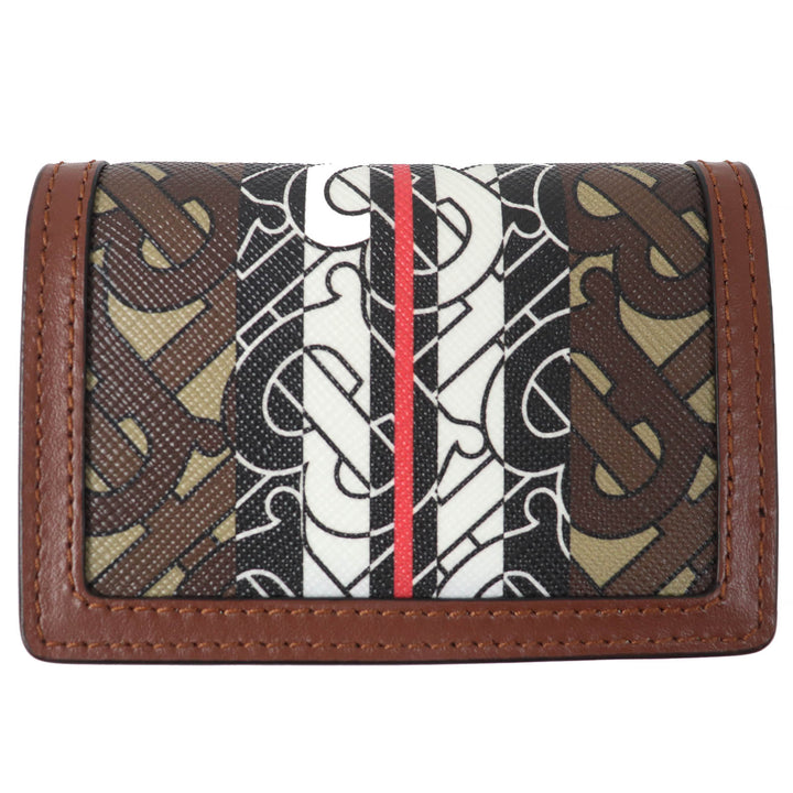 美品△BURBERRY バーバリー TB 総柄 コンパクト チェーン ウォレット レザー使い 二つ折り財布 ブラウン系 レディース オススメ◎