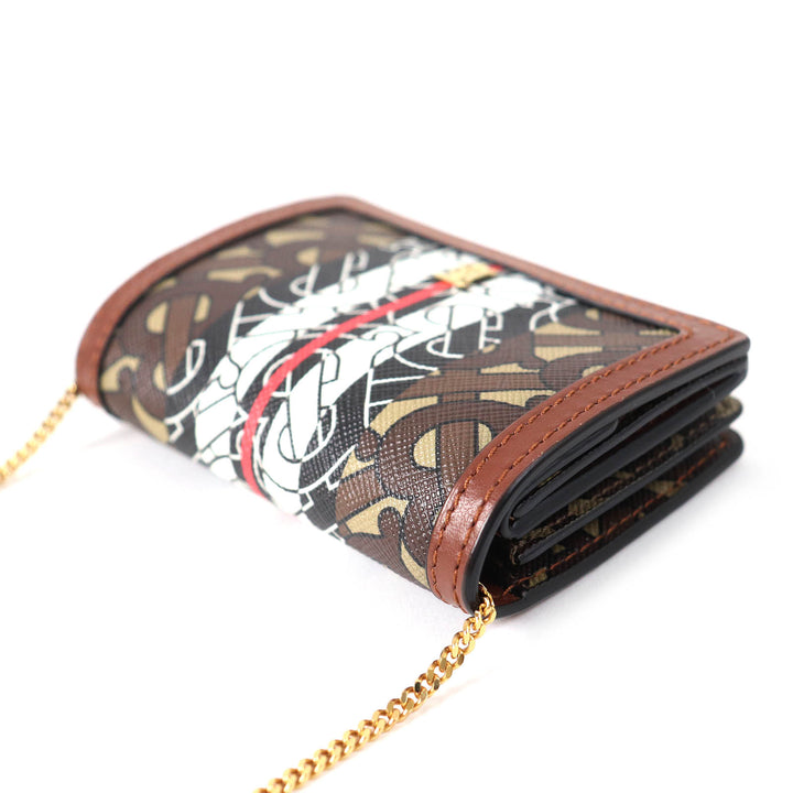 美品△BURBERRY バーバリー TB 総柄 コンパクト チェーン ウォレット レザー使い 二つ折り財布 ブラウン系 レディース オススメ◎