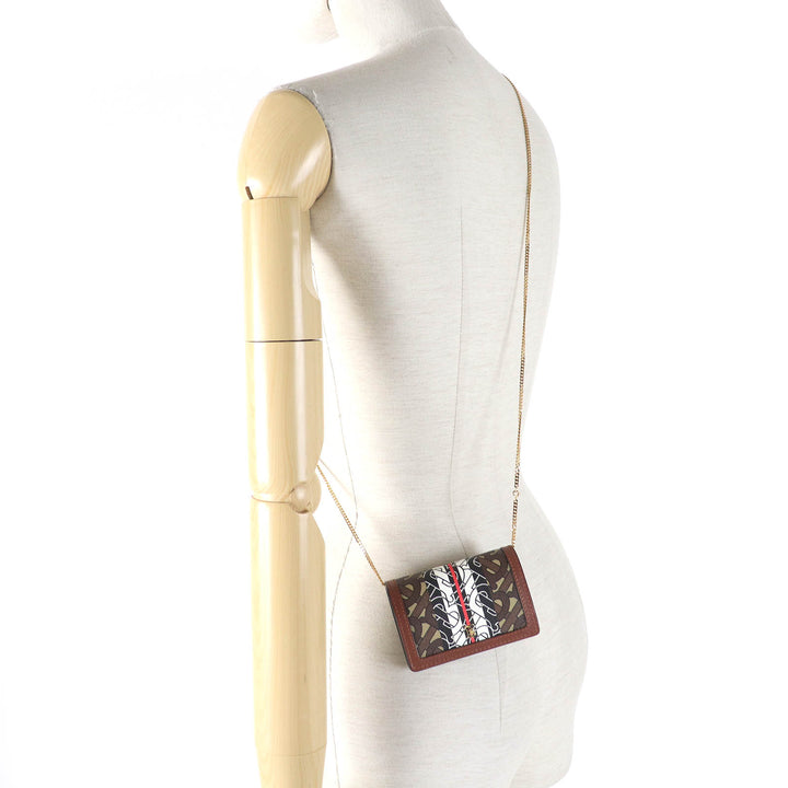 美品△BURBERRY バーバリー TB 総柄 コンパクト チェーン ウォレット レザー使い 二つ折り財布 ブラウン系 レディース オススメ◎