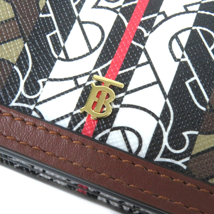 美品△BURBERRY バーバリー TB 総柄 コンパクト チェーン ウォレット レザー使い 二つ折り財布 ブラウン系 レディース オススメ◎