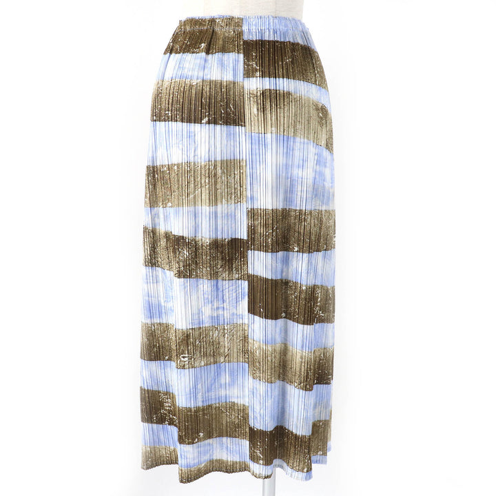 極美品△PLEATS PLEASE プリーツプリーズ イッセイミヤケ PP31-JG933 総柄 ロングスカート ライトブルー ブラウン系 3 正規品 レディース