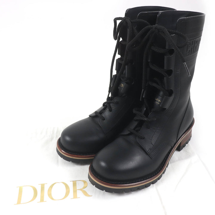 極美品△Christian Dior クリスチャンディオール Quest ロゴエンボス レースアップ コンバット レザー ブーツ ブラック 35.5 保存袋付き