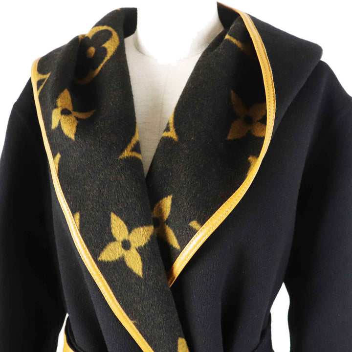 極美品◎LOUIS VUITTON ルイヴィトン ウール シルク ジャイアントモノグラム フーデッド ラップコート ブラック ブラウン 38　レディース