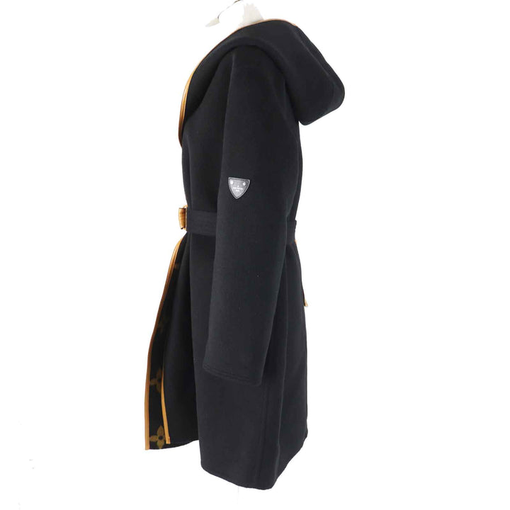 極美品◎LOUIS VUITTON ルイヴィトン ウール シルク ジャイアントモノグラム フーデッド ラップコート ブラック ブラウン 38　レディース