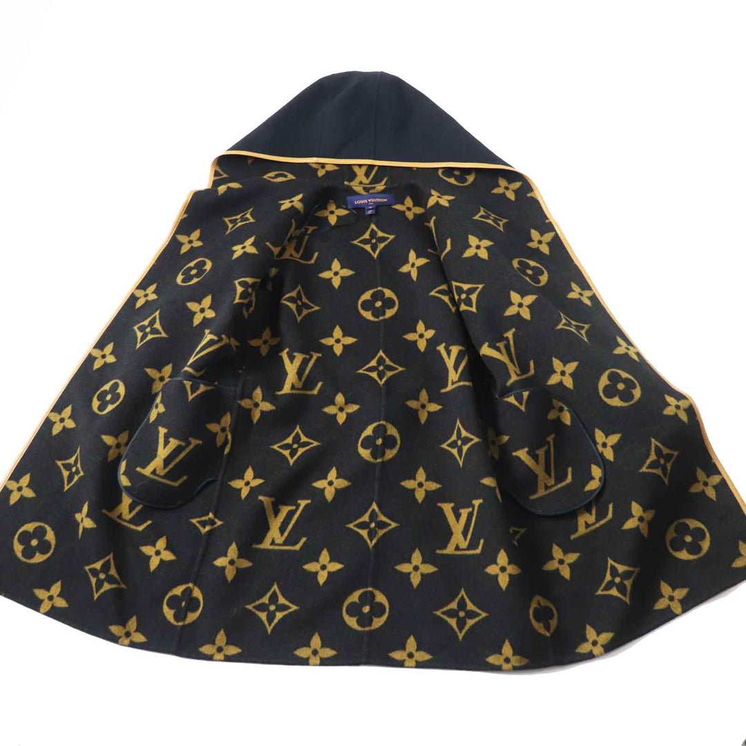 極美品◎LOUIS VUITTON ルイヴィトン ウール シルク ジャイアントモノグラム フーデッド ラップコート ブラック ブラウン 38　レディース