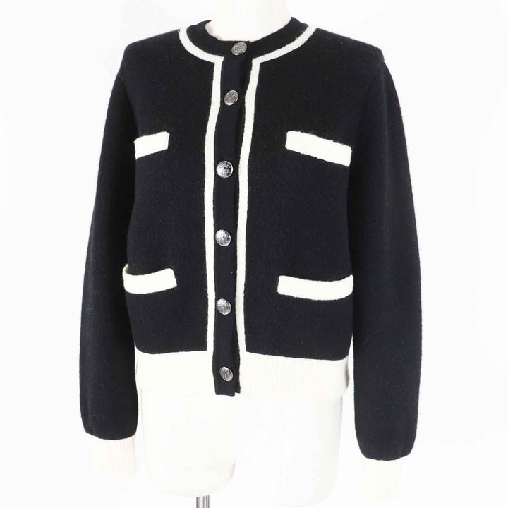 美品◎CHANEL シャネル P71365 カシミヤ シルク バイカラー 4ポケット 長袖 ニット カーディガン ブラック ホワイト 34 イタリア製 正規品