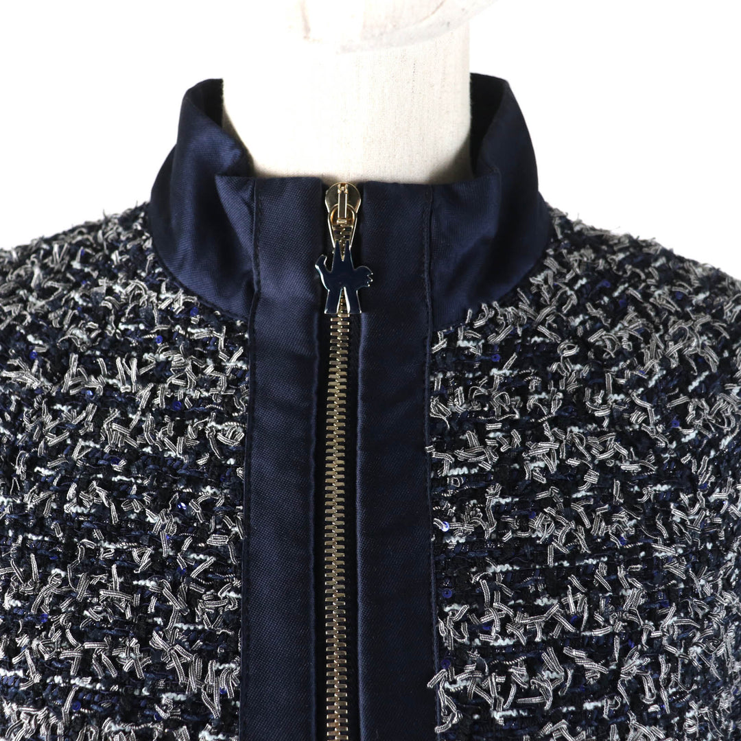 美品★MONCLER GAMME ROUGE モンクレール ガムルージュ DALILA ロゴ金具付 スパンコール装飾 リボンツイード ジャケット 紺 0 正規品