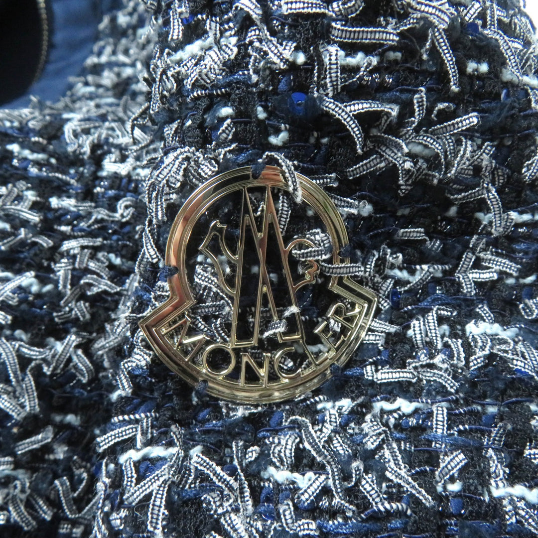 美品★MONCLER GAMME ROUGE モンクレール ガムルージュ DALILA ロゴ金具付 スパンコール装飾 リボンツイード ジャケット 紺 0 正規品