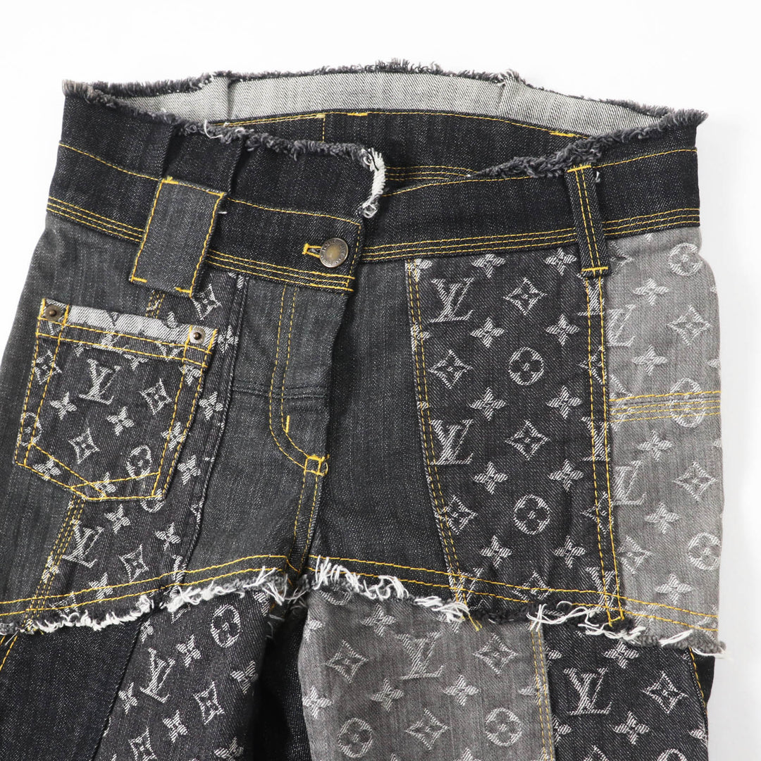 極美品◎LOUIS VUITTON ルイヴィトン 07SS 希少 カットオフ モノグラム パッチワーク デニムパンツ インディゴブルー グレー系 34 正規品
