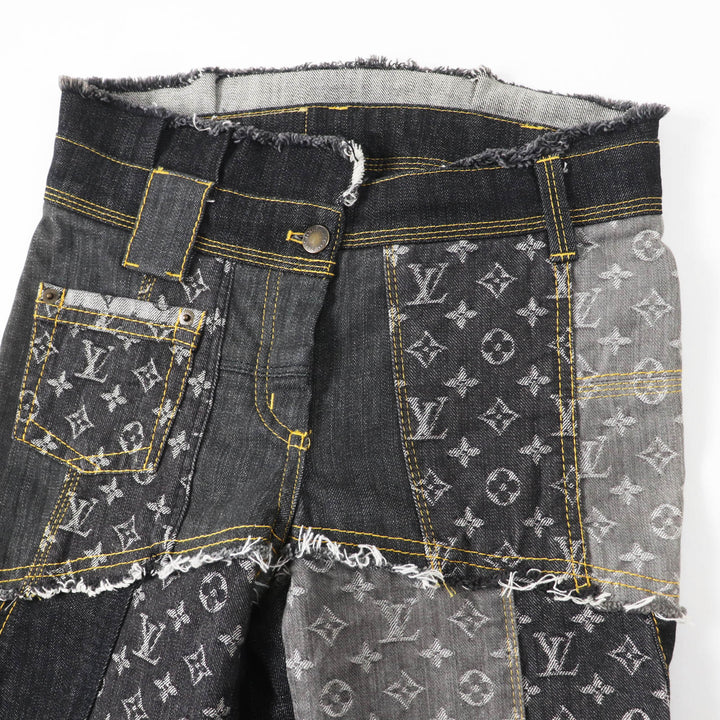 極美品◎LOUIS VUITTON ルイヴィトン 07SS 希少 カットオフ モノグラム パッチワーク デニムパンツ インディゴブルー グレー系 34 正規品