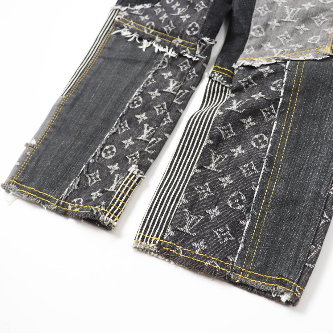極美品◎LOUIS VUITTON ルイヴィトン 07SS 希少 カットオフ モノグラム パッチワーク デニムパンツ インディゴブルー グレー系 34 正規品