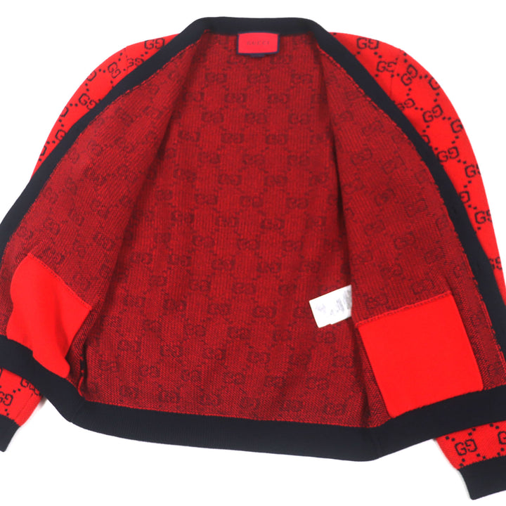 極美品▼GUCCI グッチ 661156 ウール GG柄 Vネック ロゴ入りボタン ニット カーディガン レッド ブラック M イタリア製 正規品 メンズ