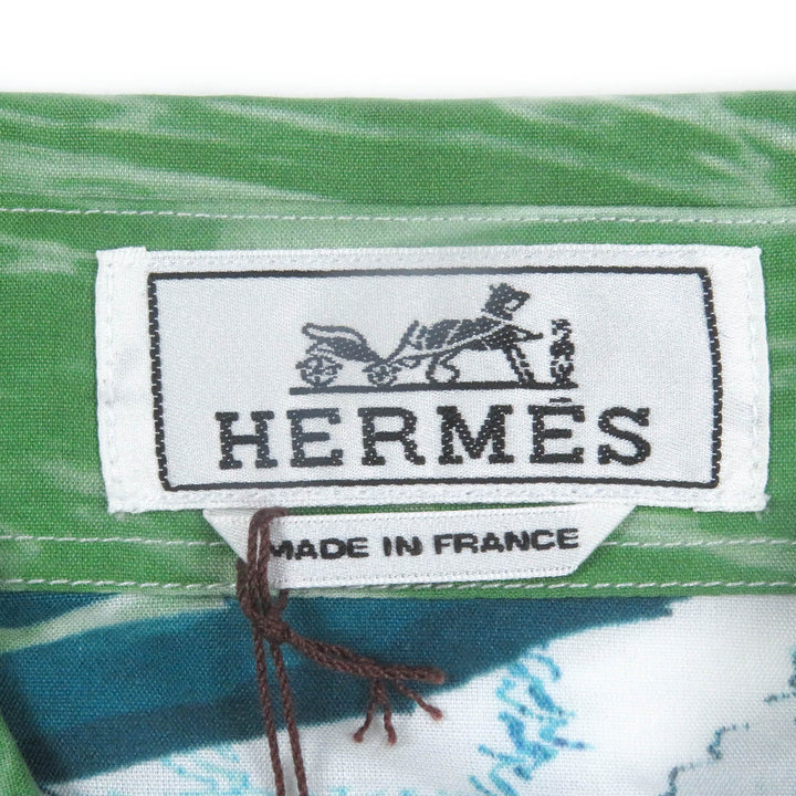 極美品□HERMES エルメス コットン100％ Tatersale Remix Bis 総柄 袖セリエボタン 長袖シャツ ブルー系 38 フランス製 正規品 メンズ
