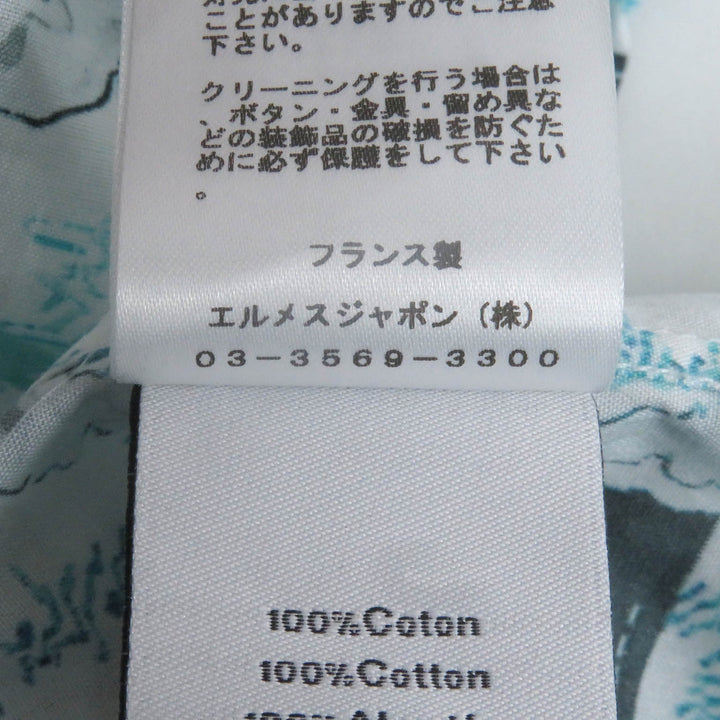 極美品□HERMES エルメス コットン100％ Tatersale Remix Bis 総柄 袖セリエボタン 長袖シャツ ブルー系 38 フランス製 正規品 メンズ