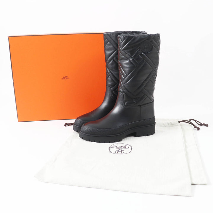 極美品◎HERMES エルメス 222048 Fuji フジ Ex Libris パッチ付き キルティング レザー ブーツ ブラック 36.5 箱・保存袋付き イタリア製