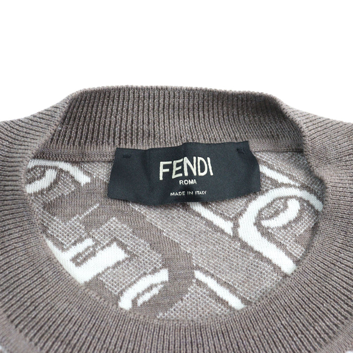 極美品○FENDI フェンディ 2022年製 FZX061 FFロゴ オロック チェーン総柄 クルーネック ニット ブラウン系 48 イタリア製 正規品 メンズ