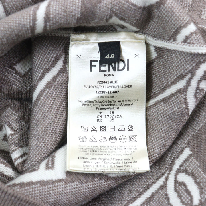 極美品○FENDI フェンディ 2022年製 FZX061 FFロゴ オロック チェーン総柄 クルーネック ニット ブラウン系 48 イタリア製 正規品 メンズ