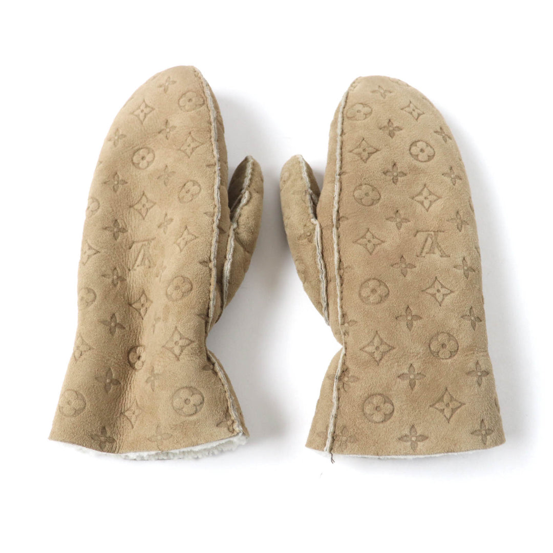 良品★LOUIS VUITTON ルイヴィトン M76453 マフ シャーリングラム モノグラム ムートン ミトン 手袋 ベージュ 伊製 正規品 レディース