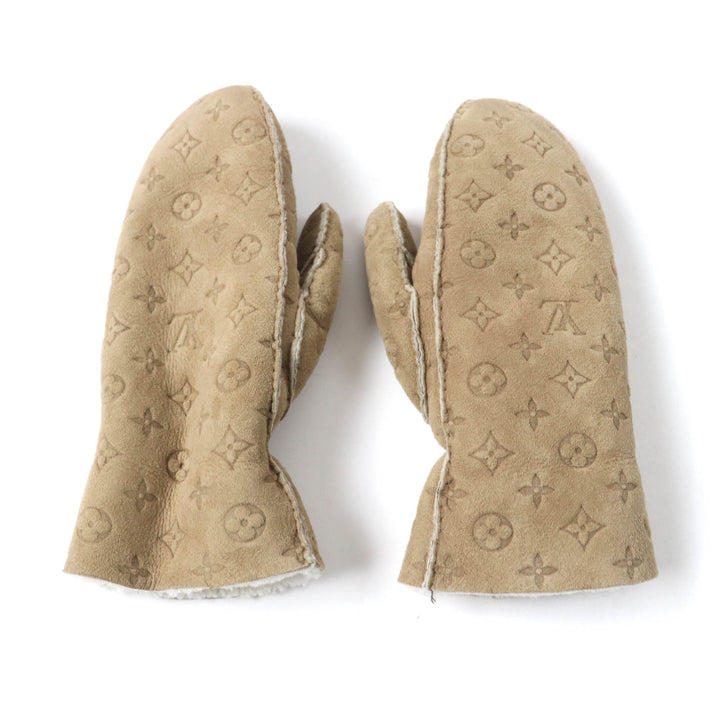 良品★LOUIS VUITTON ルイヴィトン M76453 マフ シャーリングラム モノグラム ムートン ミトン 手袋 ベージュ 伊製 正規品 レディース