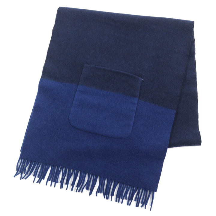美品△HERMES エルメス H259096S アリュメット・ポケット カシミヤ100% Marine/Cobalt レザータグ フリンジ 大判 ショール マフラー 伊製