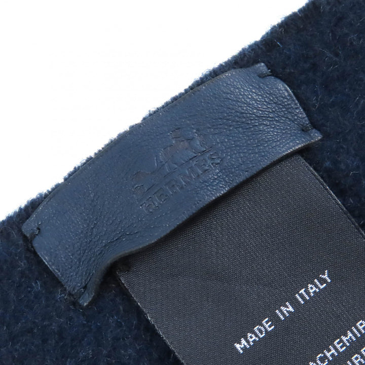 美品△HERMES エルメス H259096S アリュメット・ポケット カシミヤ100% Marine/Cobalt レザータグ フリンジ 大判 ショール マフラー 伊製