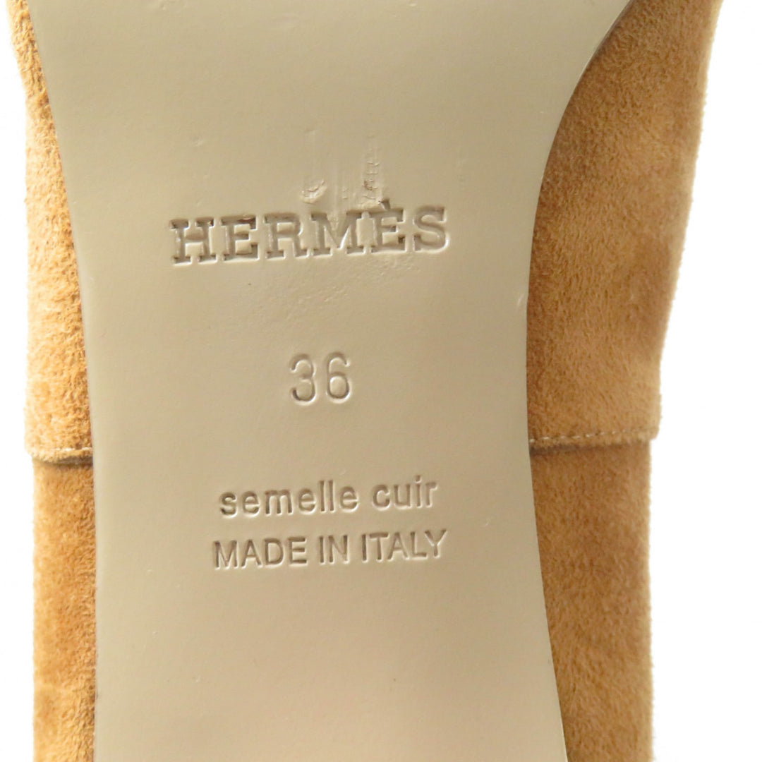 美品★HERMES エルメス ヴェルサイユ カレーシュ金具付 スクエアトゥ スウェードレザー ロングブーツ ライトブラウン 36 袋付 レディース