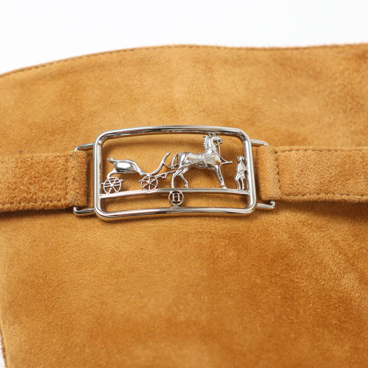美品★HERMES エルメス ヴェルサイユ カレーシュ金具付 スクエアトゥ スウェードレザー ロングブーツ ライトブラウン 36 袋付 レディース