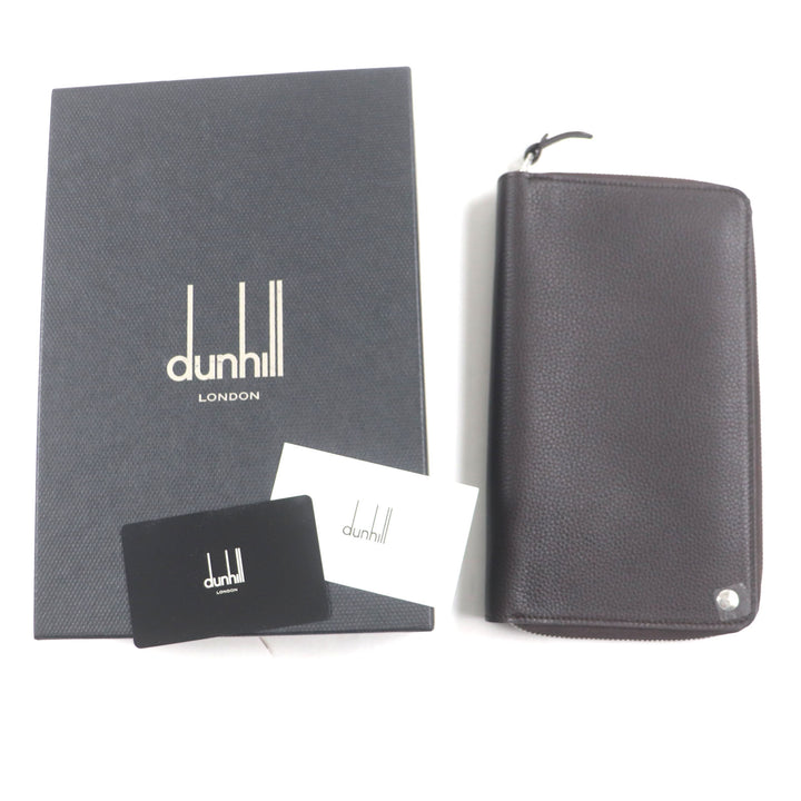 極美品▼Dunhill ダンヒル BOSTON ボストン ロゴ金具 ラウンドジップ オーガナイザー グレインレザー 長財布 ダークブラウン 箱付 メンズ