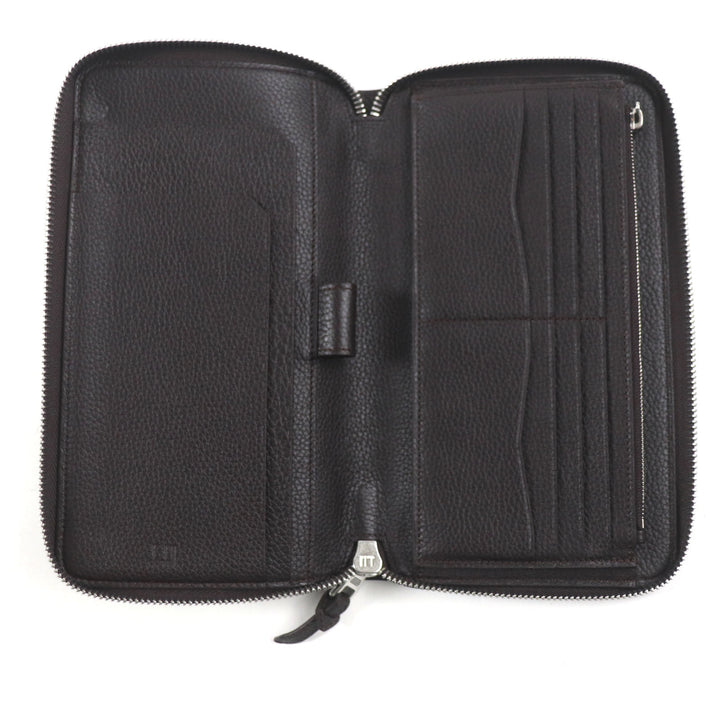 極美品▼Dunhill ダンヒル BOSTON ボストン ロゴ金具 ラウンドジップ オーガナイザー グレインレザー 長財布 ダークブラウン 箱付 メンズ