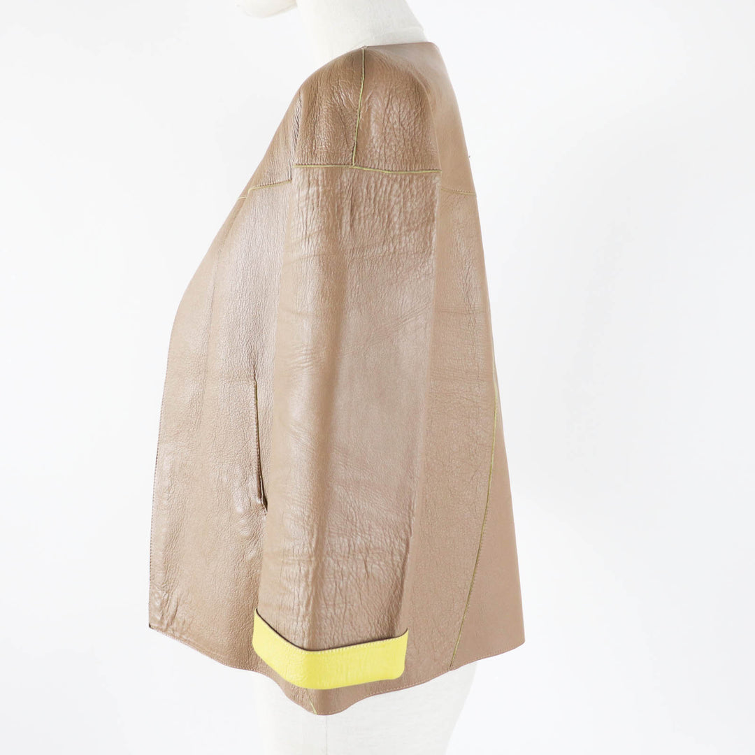 美品◎MARNI マルニ IMXD22RYOLA175 ラムレザー バイカラー ノーカラージャケット ベージュ イエロー 38 イタリア製 正規品 レディース