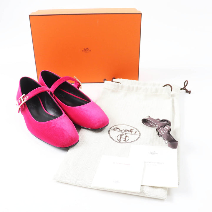 未使用品◎HERMES エルメス ジェーン フューシャ 現行品 クリスタル付 アピバックル ベロア バレエシューズ 36.5 箱・袋付 定価180400円