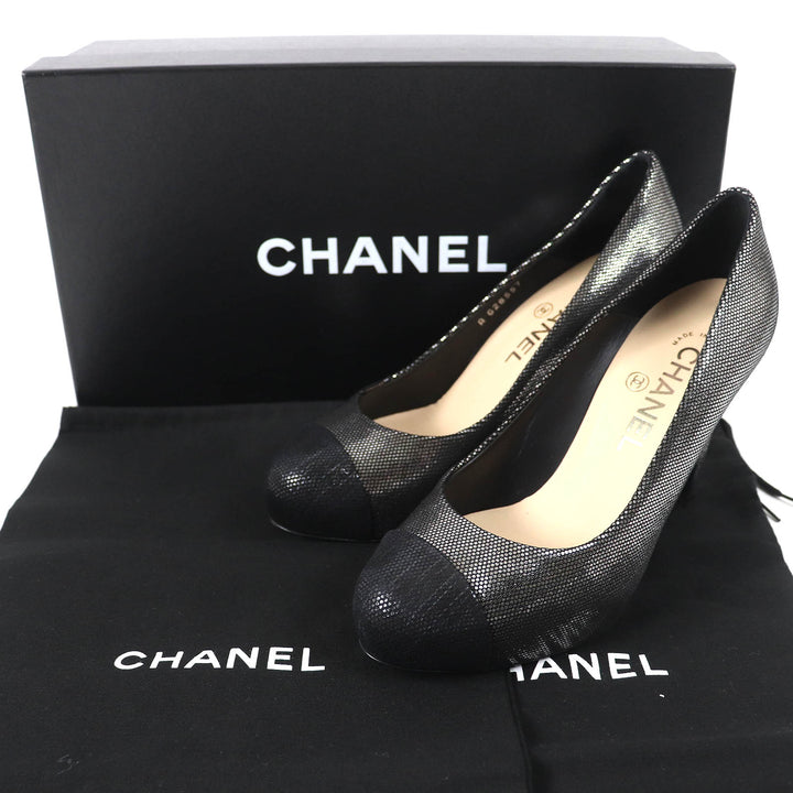 美品△CHANEL シャネル G28557 ココマーク ラインストーン メタリック レザー キャップトゥ プラットフォーム パンプス シルバー系 35.5