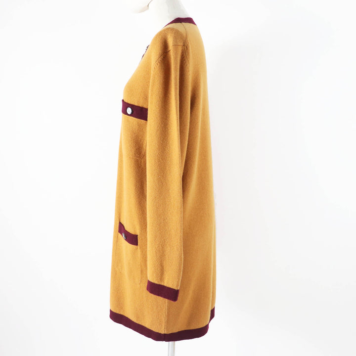 極美品◎CHANEL シャネル 20AW P71510 カシミヤ100％ ココマークボタン バイカラー 長袖 ロング丈 ニット カーディガン マスタード 42