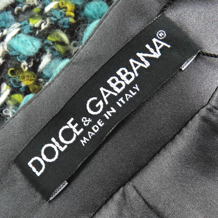 未使用品△DOLCE&amp;GABBANA ドルチェ＆ガッバーナ 黒タグ ウール ツイードスカート 膝上丈 ブルーグリーン系 42 伊製 正規品 定価91300円