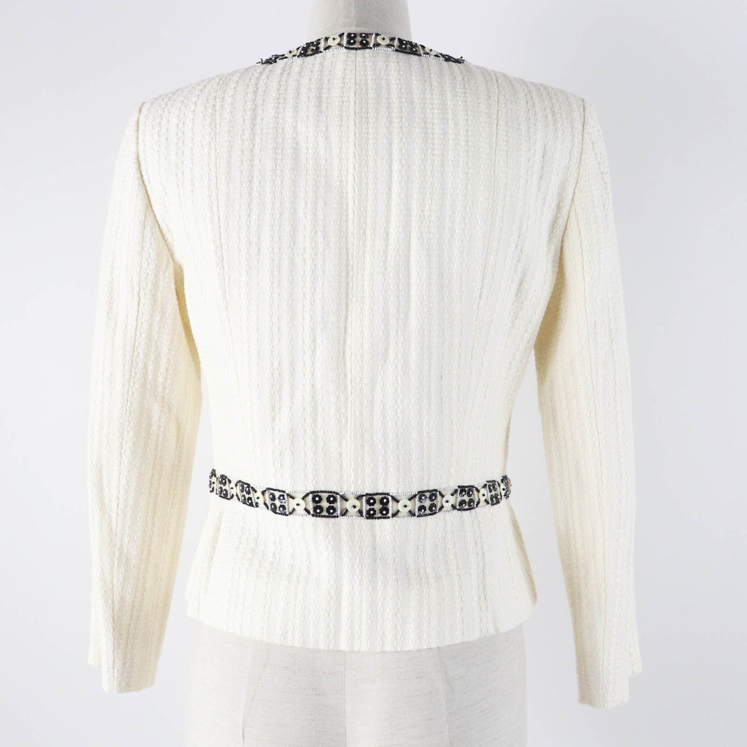 極美品◎CHANEL シャネル 03P P21247 リネン混 ココマーク・ビース装飾 ノーカラー 単色ツイード ジャケット アイボリー ブラック 38 仏製