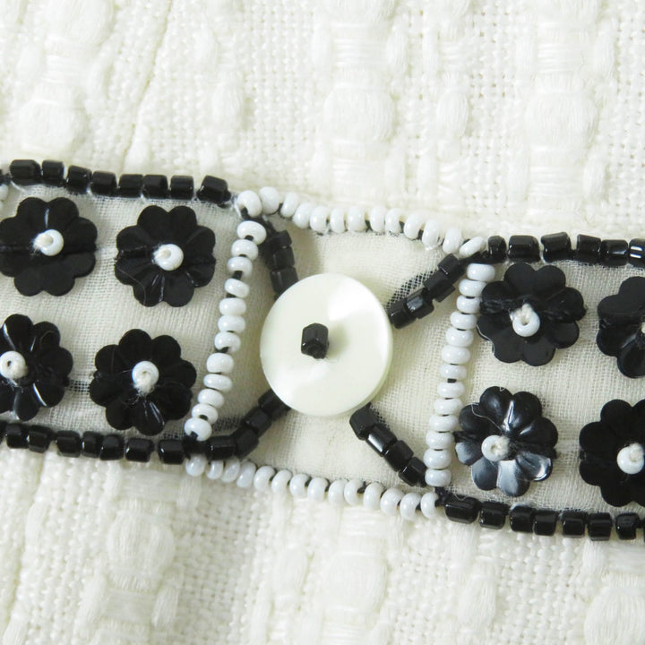 極美品◎CHANEL シャネル 03P P21247 リネン混 ココマーク・ビース装飾 ノーカラー 単色ツイード ジャケット アイボリー ブラック 38 仏製