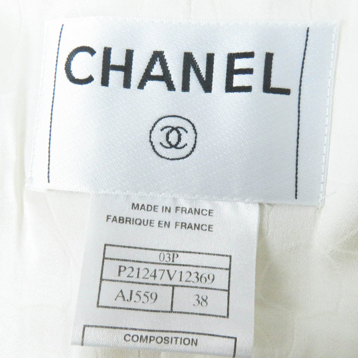極美品◎CHANEL シャネル 03P P21247 リネン混 ココマーク・ビース装飾 ノーカラー 単色ツイード ジャケット アイボリー ブラック 38 仏製