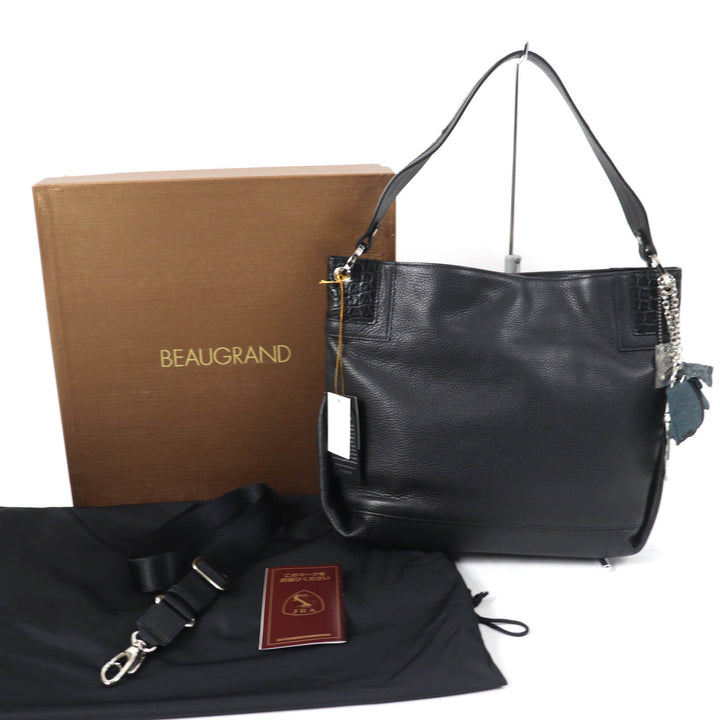 未使用品☆BEAUGRAND ボーグラン JRAタグ・チャーム付 クロコレザー使い レザー 2WAY ショルダー・ハンドバッグ ブラック レディース