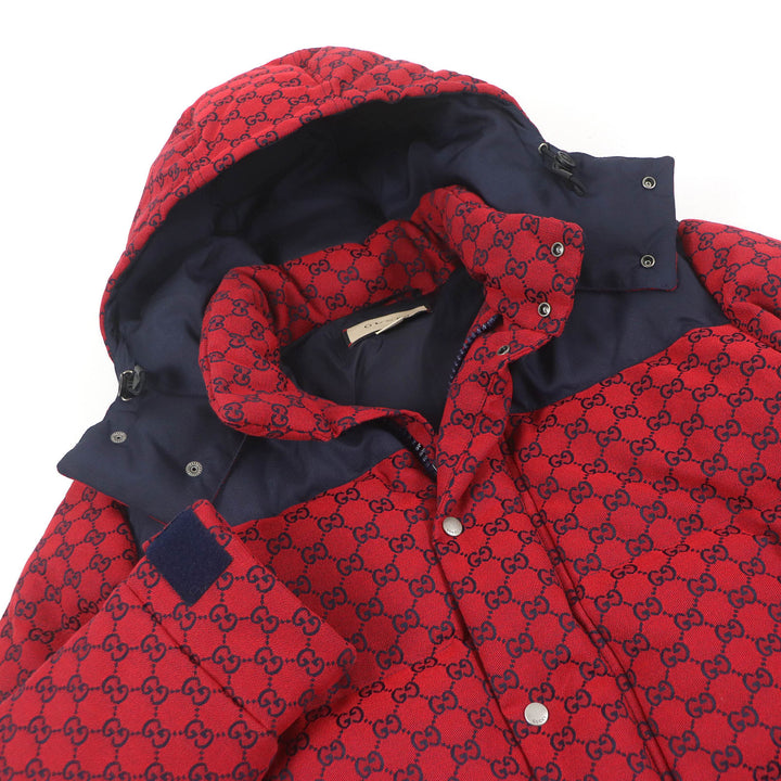 極美品□GUCCI グッチ 23AW 762559 GGキャンバス ロゴ総柄 フーデッド ダウンジャケット レッド 44 ハンガー付 イタリア製 正規品 メンズ