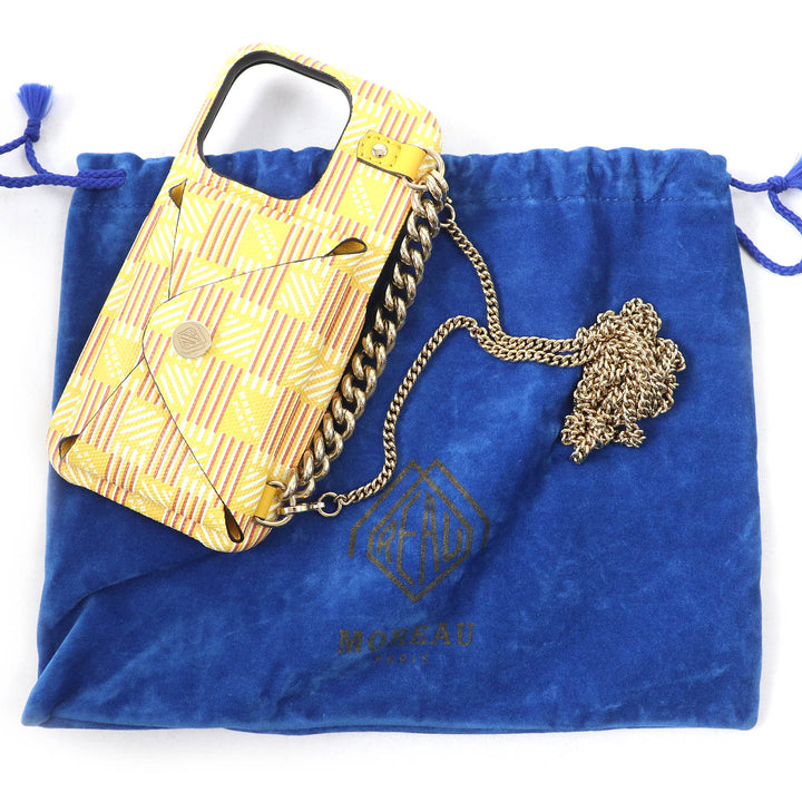 極美品△MOREAU PARIS モローパリ ORIGAMI CHAIN チェーン スマホケース iPhoneケース イエロー系 保存袋付き イタリア製 定価93500円