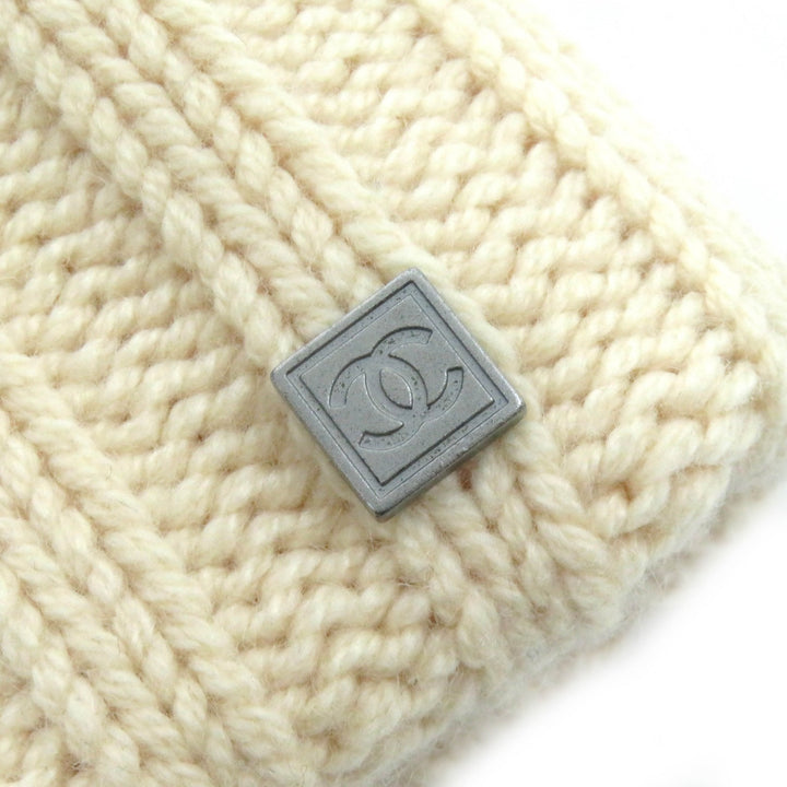 良品△CHANEL シャネル SPORTS カシミヤ100％ ココマークプレート ニット帽 ニットキャップ アイボリー スコットランド製 レディース