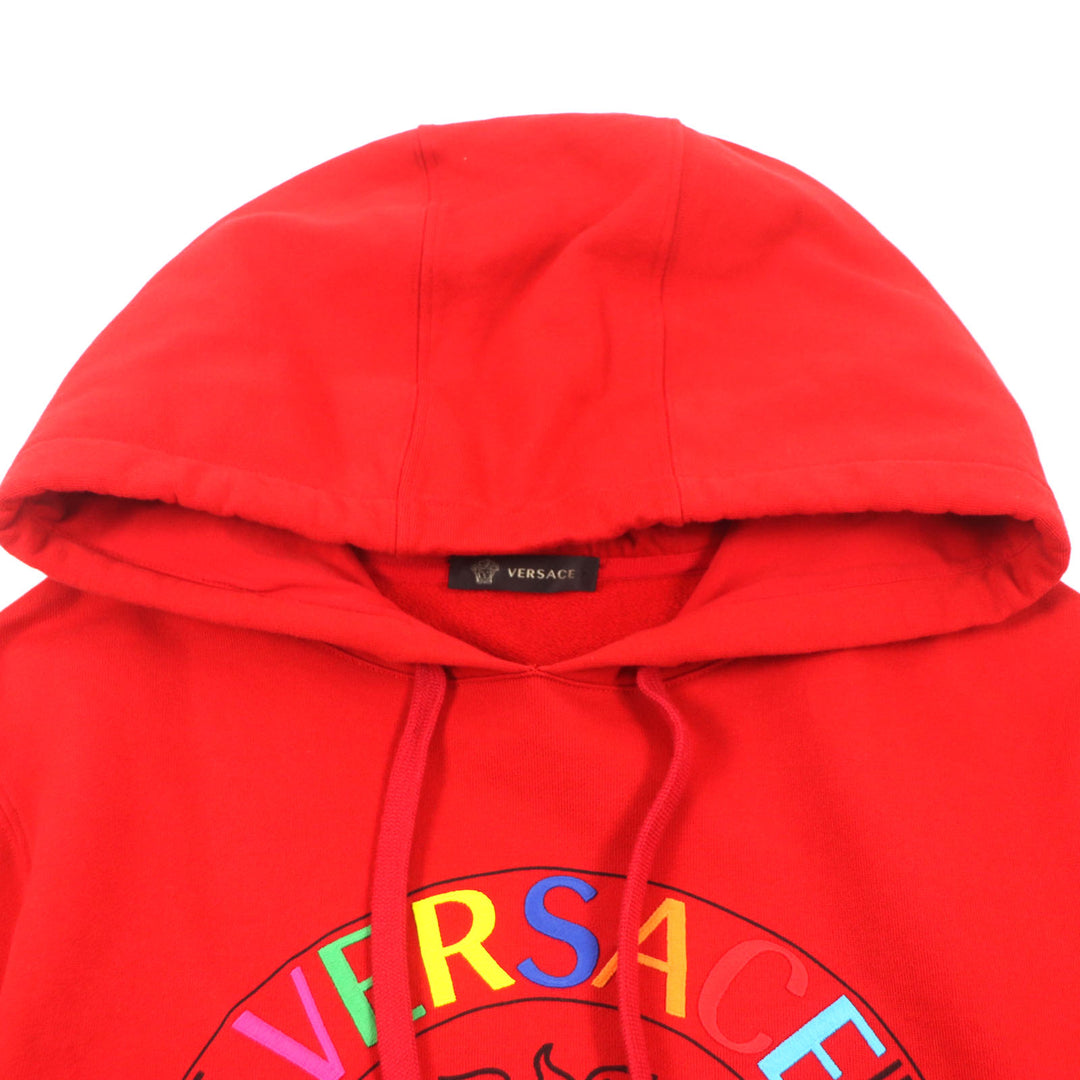 美品▼VERSACE ヴェルサーチ コットン100% メデューサプリント ロゴ刺繍 フーディ プルオーバー パーカー レッド S 伊製 正規品 メンズ